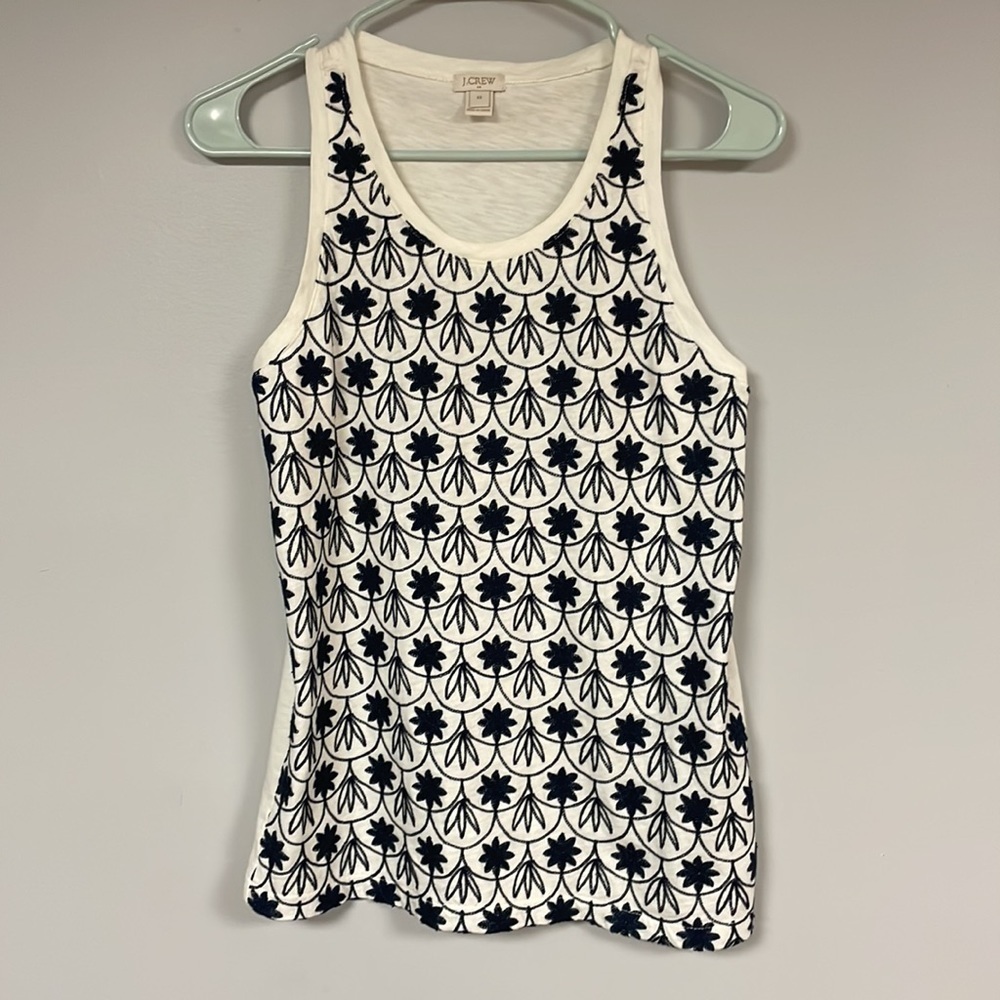 J. Crew tank top size , White with black floral embroidery on front, XS, cotton